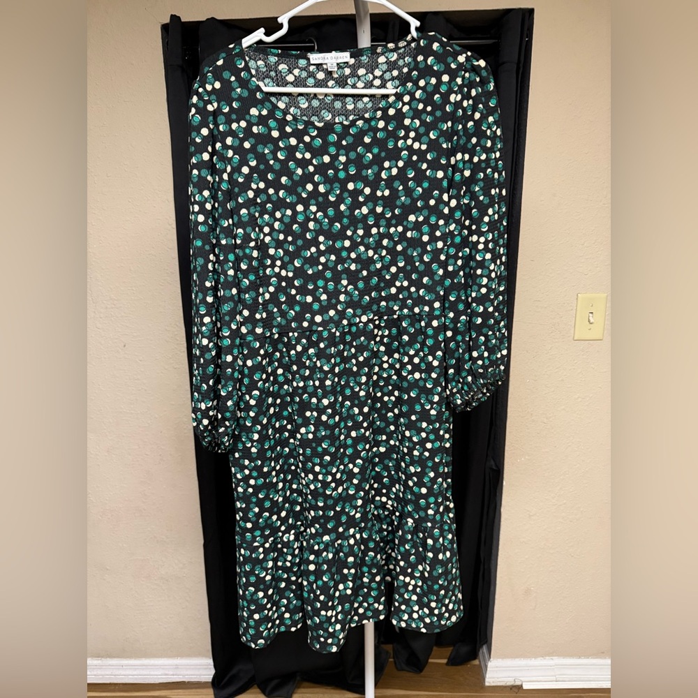 Sandra Darren Black and Green Polka Dot Dress PTP 20 NWOT